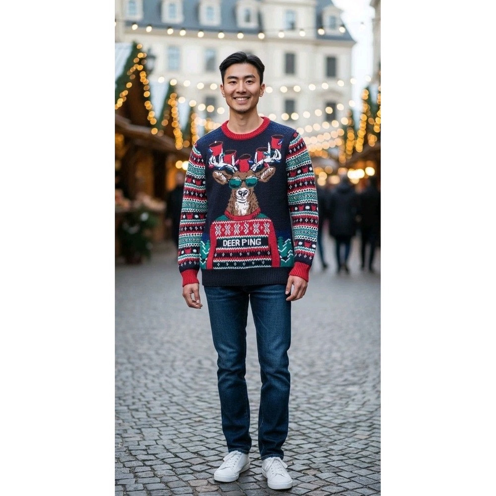 Men's Funny Christmas Sweater "Deer Pong"‎ Holiday Ugly Sweater Party Knit SX S